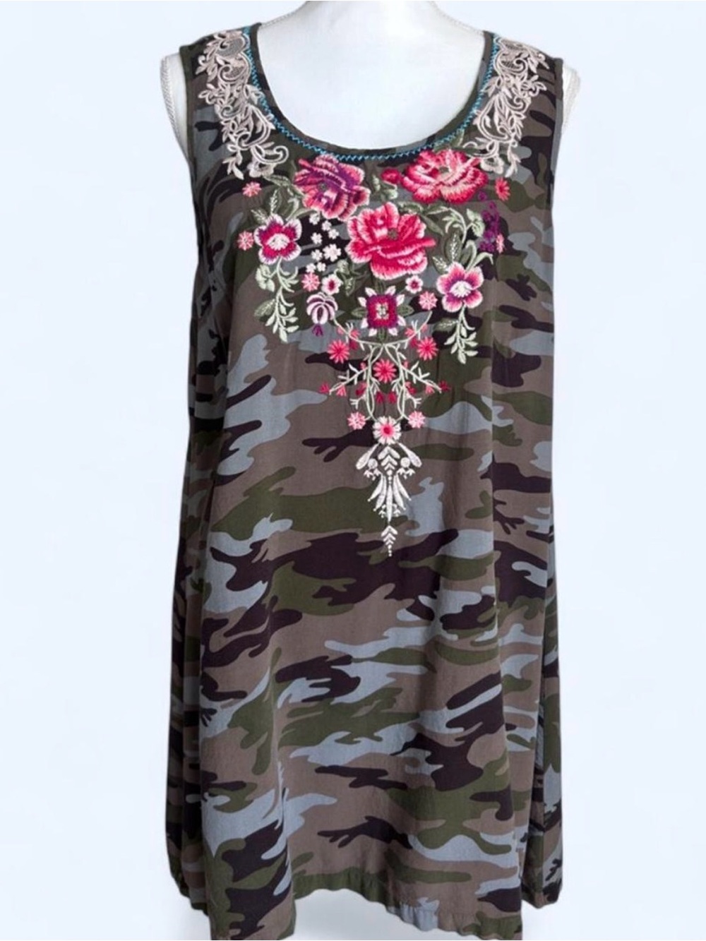 Camo Floral Embroidered Boho Shift Dress XL Indie Tunic